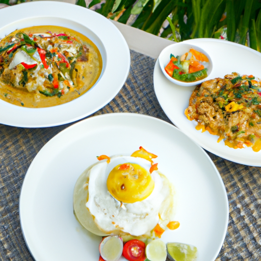 3. תמונה מעוררת תיאבון של אוכל תאילנדי מסורתי, כולל פאד תאי, קארי ירוק ואורז דביק מנגו, מוגש במסעדה מקומית בחוף ריילי.